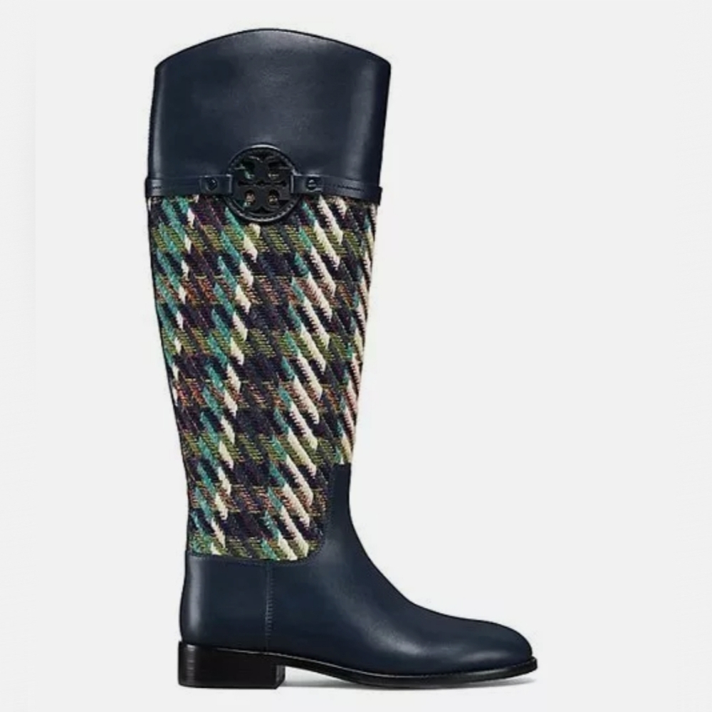 Tory Burch Miller Riding Boots Navy Leather Tweed New Size 5
